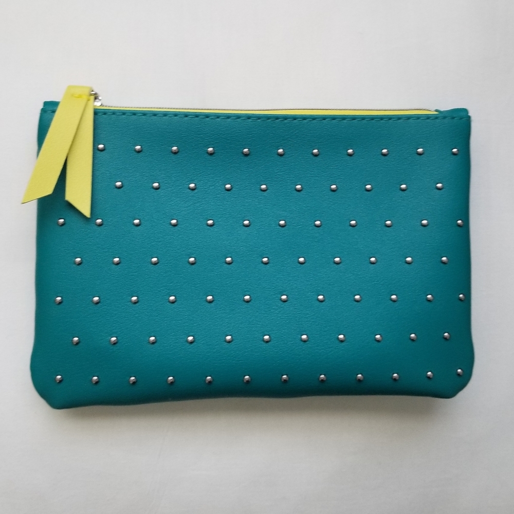 Ipsy makeup bag, glam bag, teal with neon green